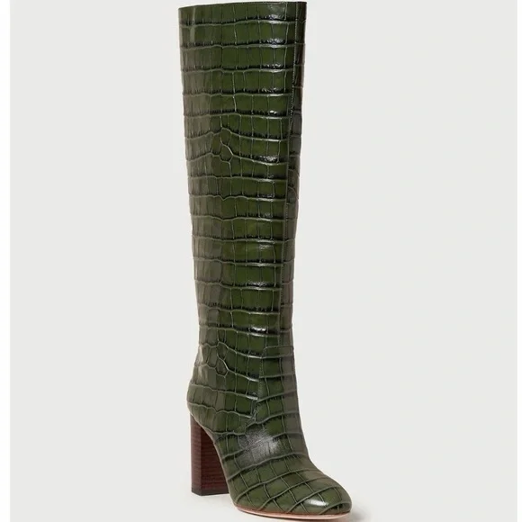 Loeffler Randall Tall Goldy Leather Croc Forest Green Heel Knee Boot Pull On 6 - Picture 1 of 14